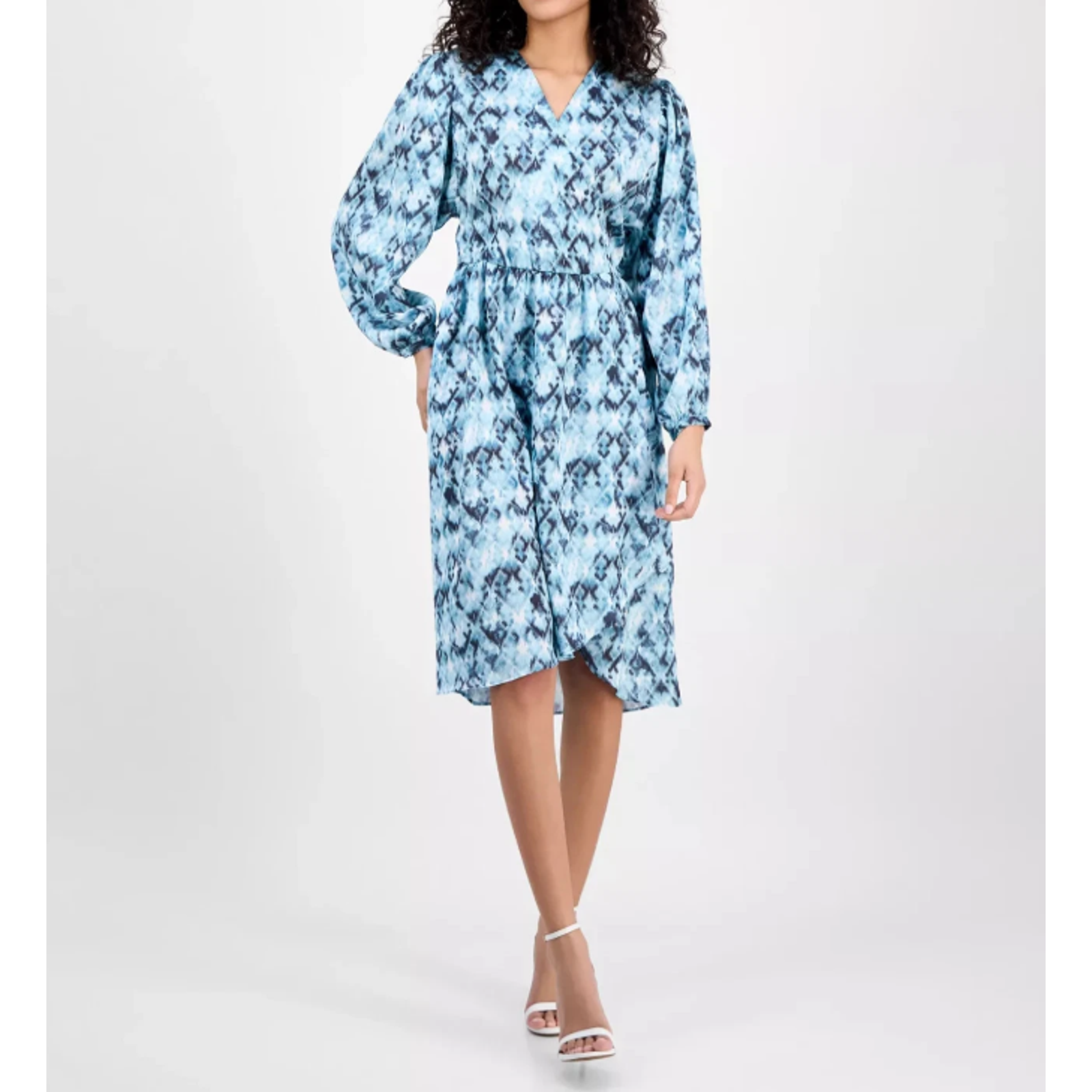 Boss Orange Women's Printed Blouson-Sleeve Midi Dress Blue Size Xs 17087